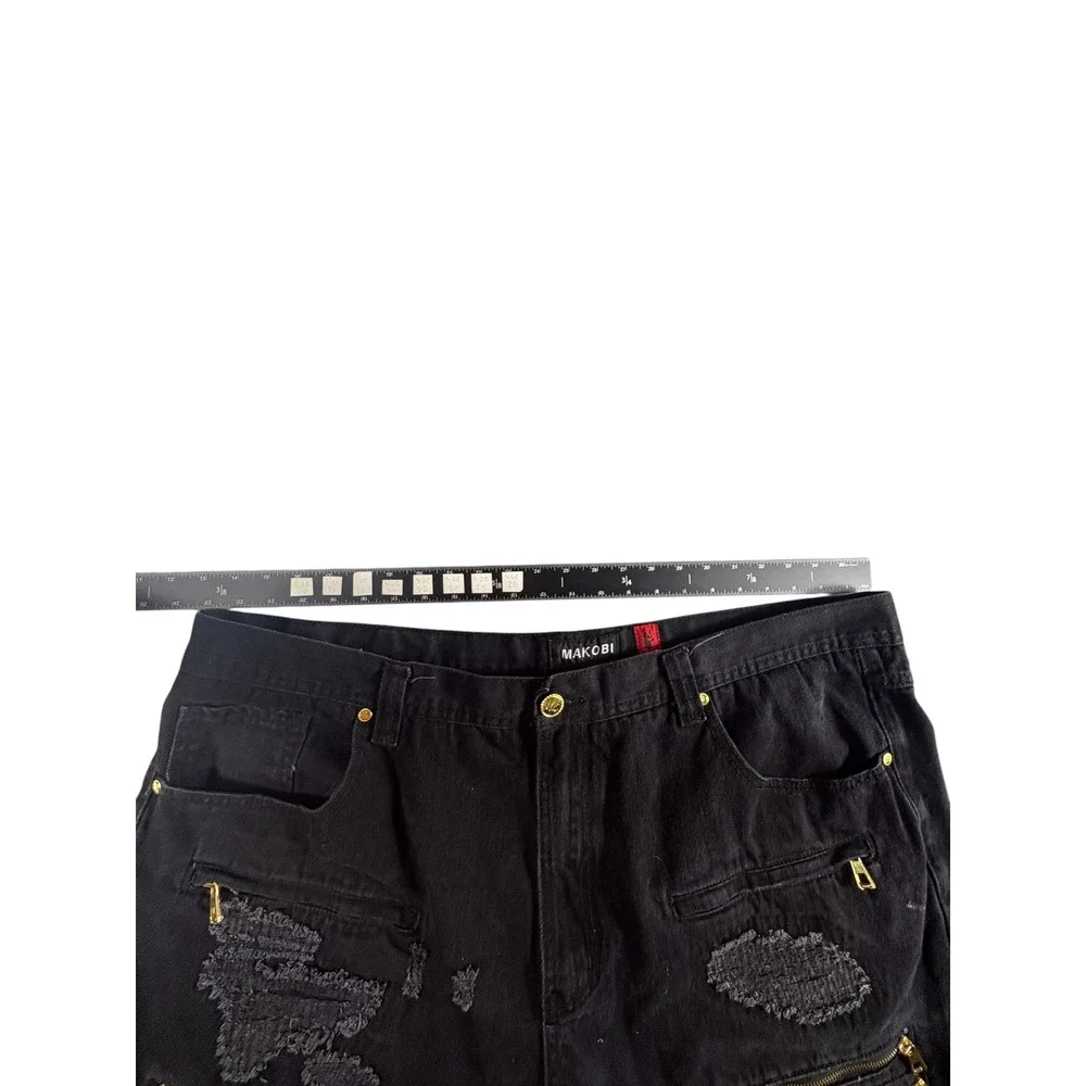 Makobi Biker Shorts Mens 46 Black Denim Distressed Rugged Moto Casual Gold Zip